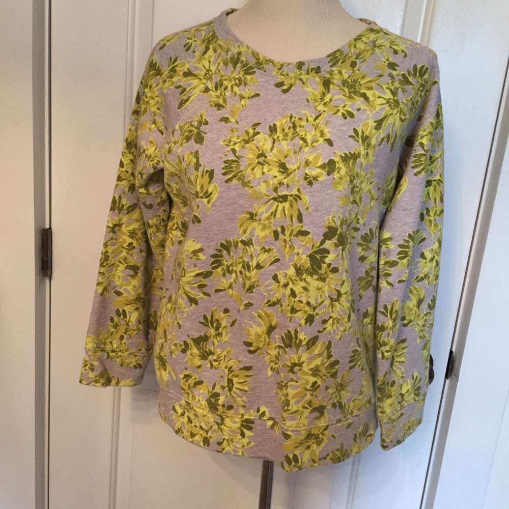 J. CREW TOP SWEATSHIRT GRAY GREEN FLORAL CREWNECK LONG SLEEVE Size L LARGE